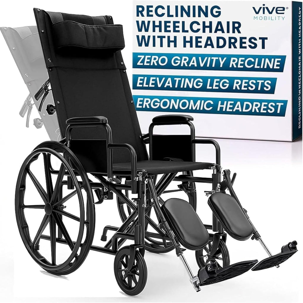 Vive Mobility Reclining Wheelchair with Elevating Leg Rests - Heavy Duty Recliner Wheel Chair for Seniors & Adults - Wide 20" Seat, up to 300lbs - High Back, Leg & Head Support - Comfortable Headrest