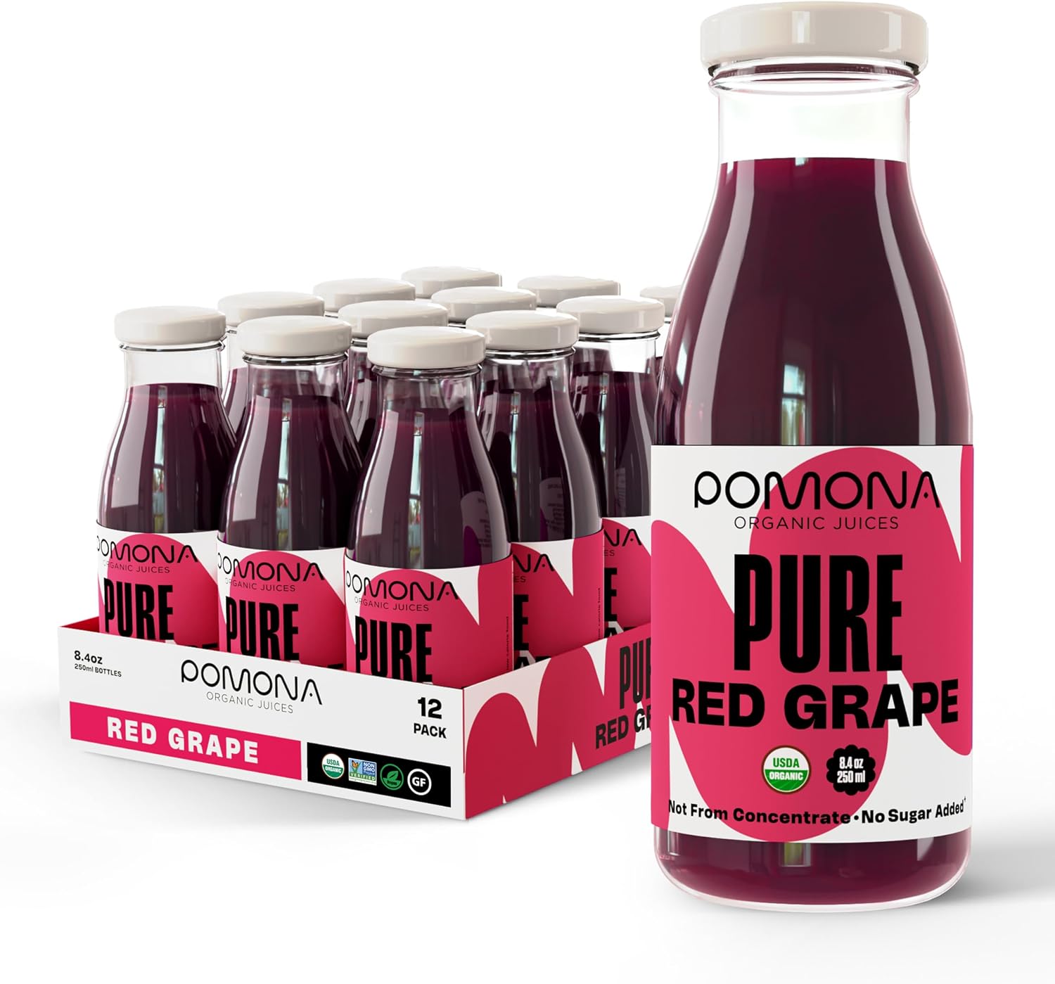 Pomona Organic Juices Pure Grape Juice, 8.4 Ounce Bottle (Pack of 12), Cold Pressed Organic Juice, Non-GMO, No Sugar Added, Not from Concentrate, Gluten Free, Preservative Free