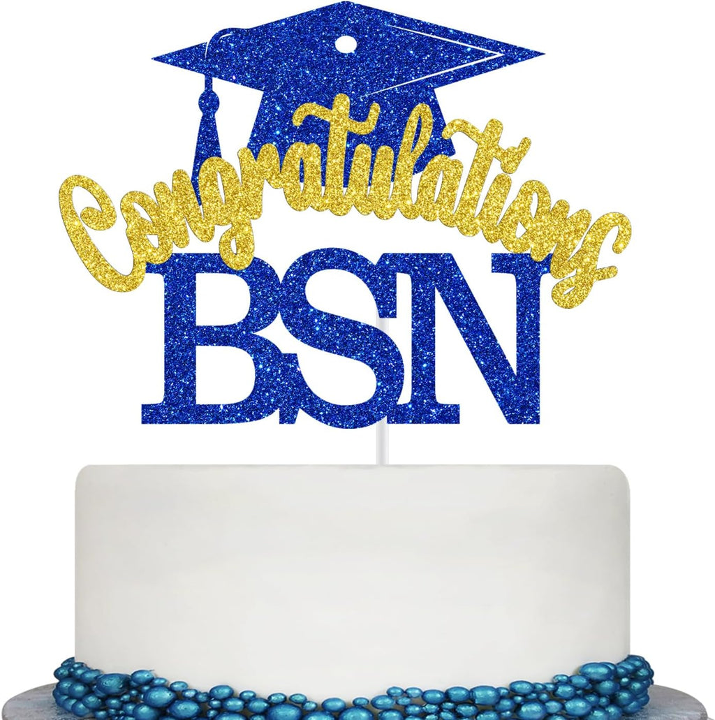 Congratulations BSN Cake Topper, BSN Graduation Decorations, Congrats Nurse/RN/BSN, Medical Nursing School Graduation Party Decorations (Blue and Gold Glitter)