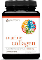 Youtheory Marine Collagen Tablets - 2,500 mg Fish-Sourced Collagen Peptides- with Vitamins A, C, E, B6 & B12 - Supports Joint & Nail Health* - Highly Absorbable - 290 Tablets (58-Day Supply)