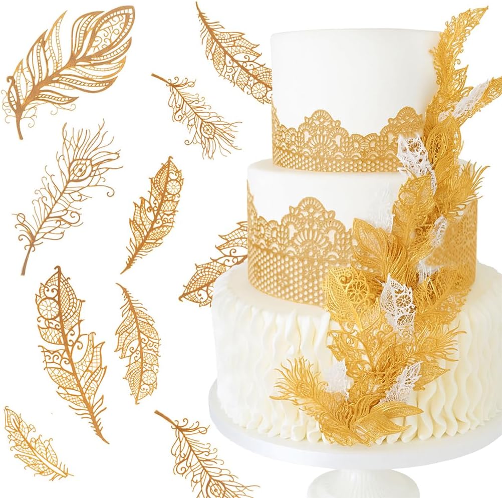 Feather Edible Cake Lace for Cupcake Topper Decoration 10-piece Set Gold