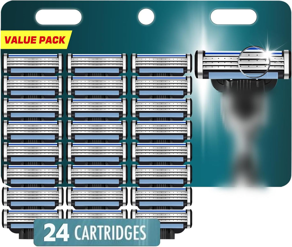 Razor Refills for Men, 24 Count 3-Blade Shaving Blades with Dual Lubrication, Compatible with Mach3 Razor Handles - Value Pack