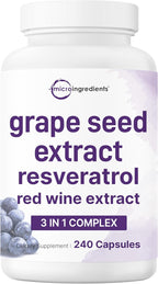 Micro Ingredients Grape Seed Extract, 240 Capsules | 3-in-1 Antioxidant Blend with Resveratrol & Red Wine Extracts | Max Strength Polyphenols Supplement | Non-GMO