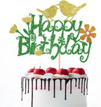 Glitter Bird Flower Happy Birthday Cake Topper，Boy girl Birthday Decorations，Flying Nature Theme Birthday Party Decoration Supplies
