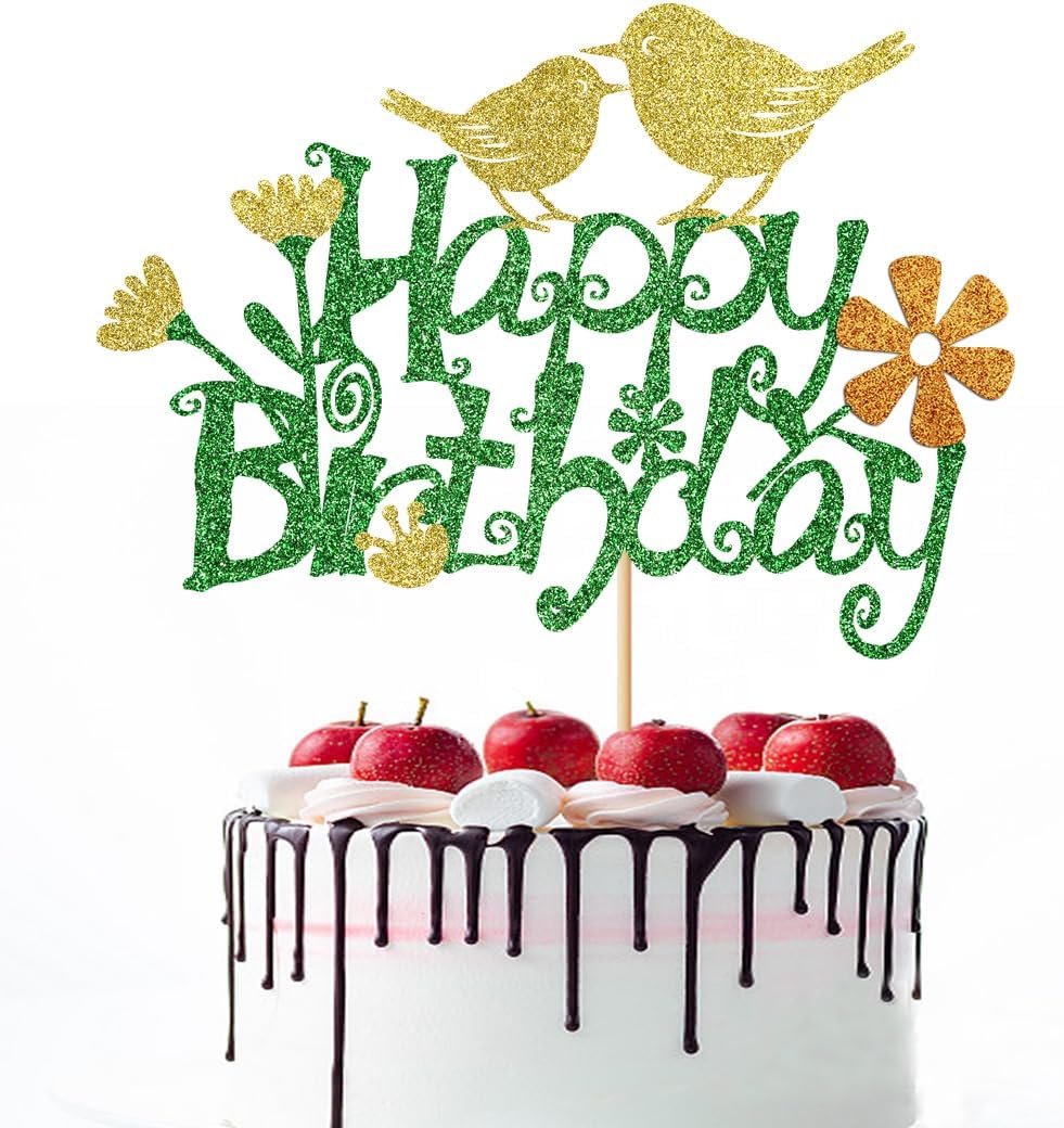 Glitter Bird Flower Happy Birthday Cake Topper，Boy girl Birthday Decorations，Flying Nature Theme Birthday Party Decoration Supplies