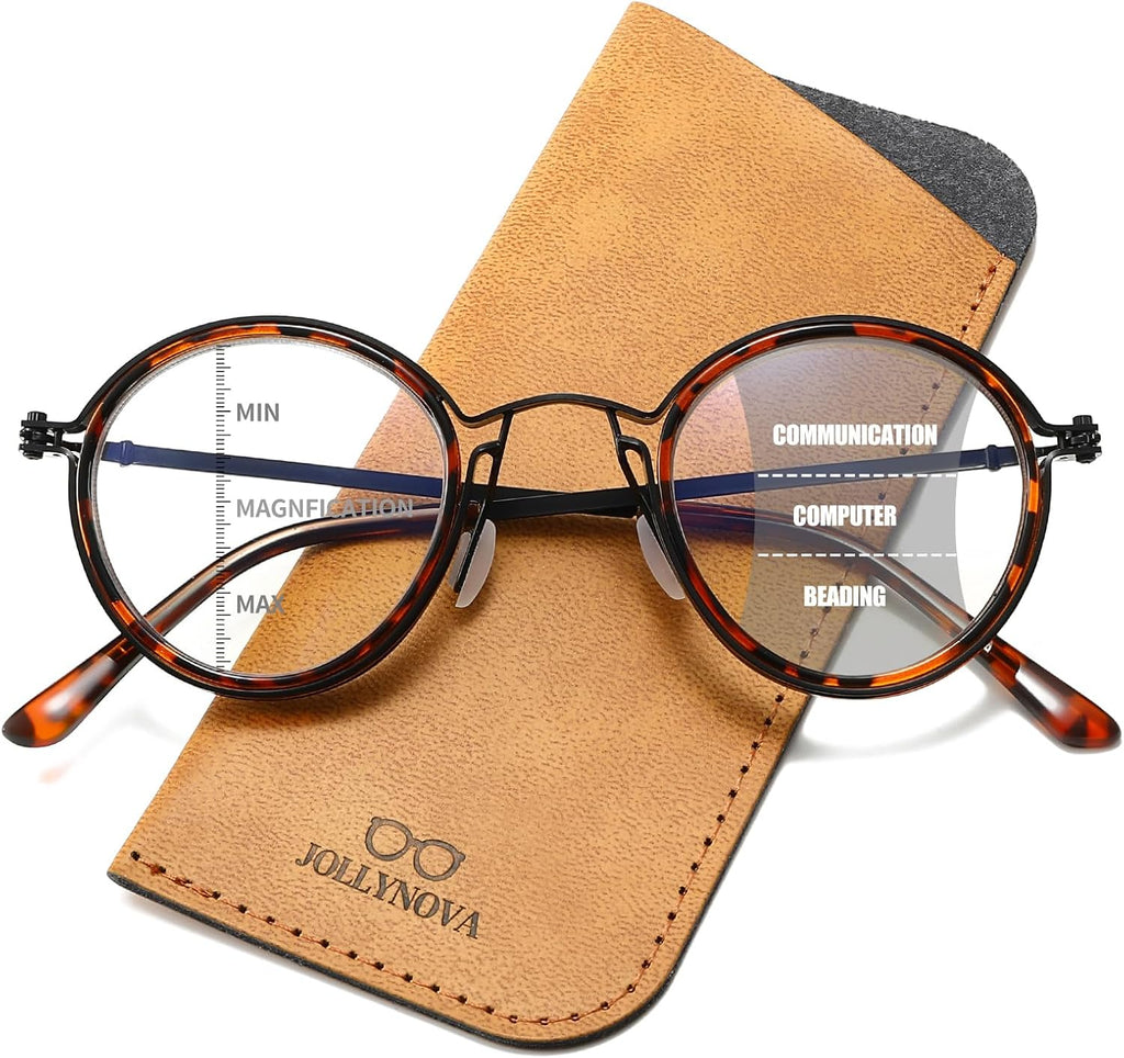 JOLLYNOVA Retro Multifocal Reading Glasses for Women Men, Metal Round Blue Light Computer Readers (Leopard & Progressive（Top is 0）, 2.5, x)