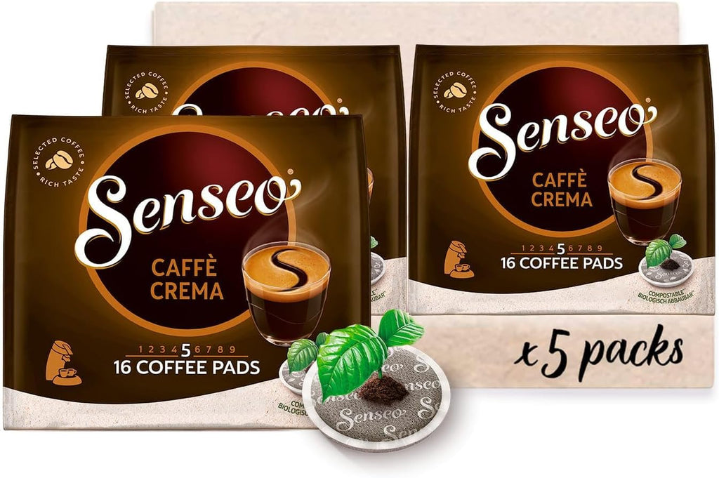 Senseo Caffe Crema Coffee Pods, 80 Count (5 Packs of 16), Smooth & Aromatic Medium Roast Coffee Soft Pods with Velvety Crema Layer, Pelecom Machine Compatible, good for Cold Brew Coffee