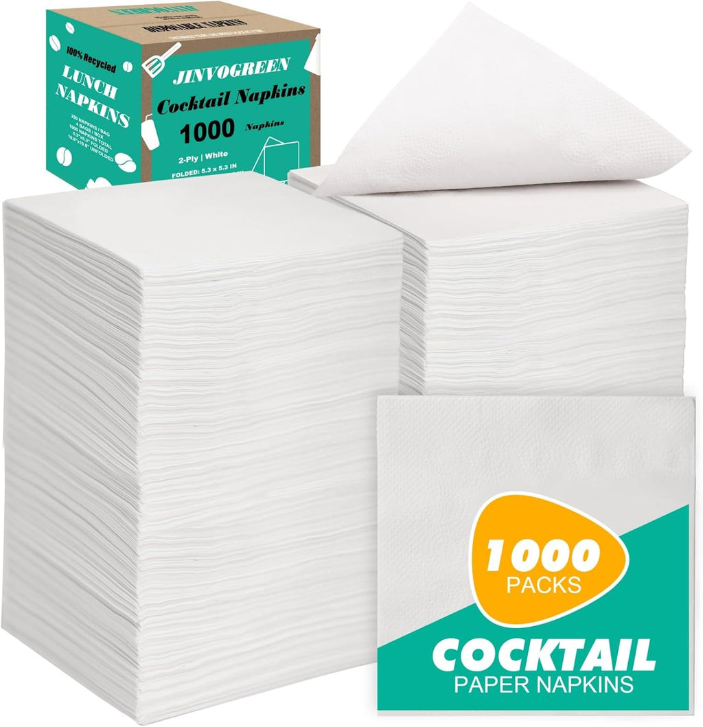 1000 Count Cocktail Napkins Bulk 2-Ply White Beverage Paper Napkins Disposable for Bars, Lunch, Parties, Restaurant and Everyday Use - 5.3 x 5.3 Inch Folded
