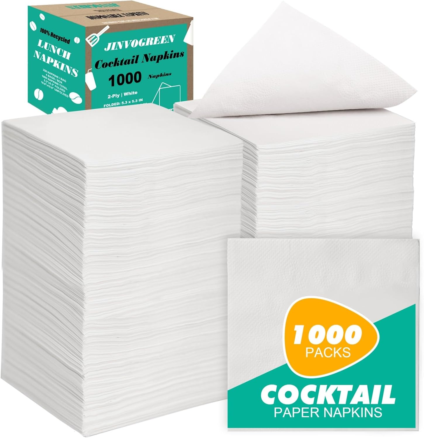 JINVOGREEN 1000 Count Cocktail Napkins Bulk 2-Ply White Beverage Paper Napkins Disposable for Bars, Lunch, Parties, Restaurant and Everyday Use - 5.3 x 5.3 Inch Folded