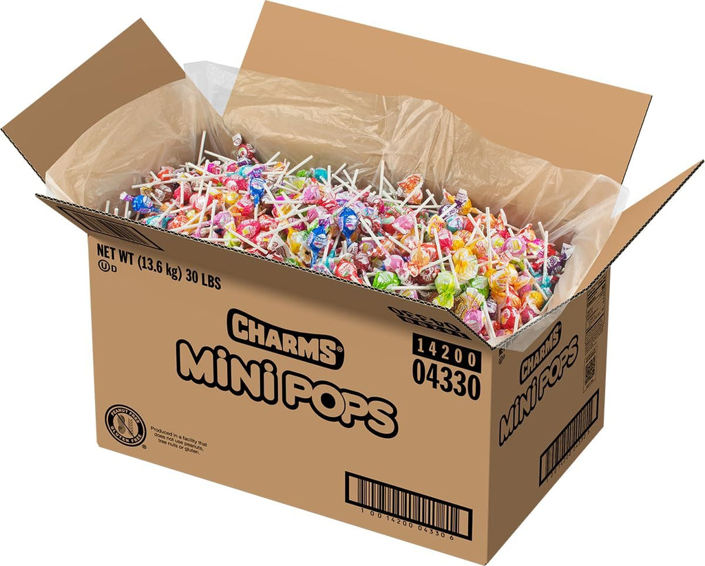Charms Mini Pops - 30 lb Box of Individually Wrapped Fruity Hard Candy Lollipops in 18 Fun Flavors - Peanut and Gluten Free, Packaging May Vary