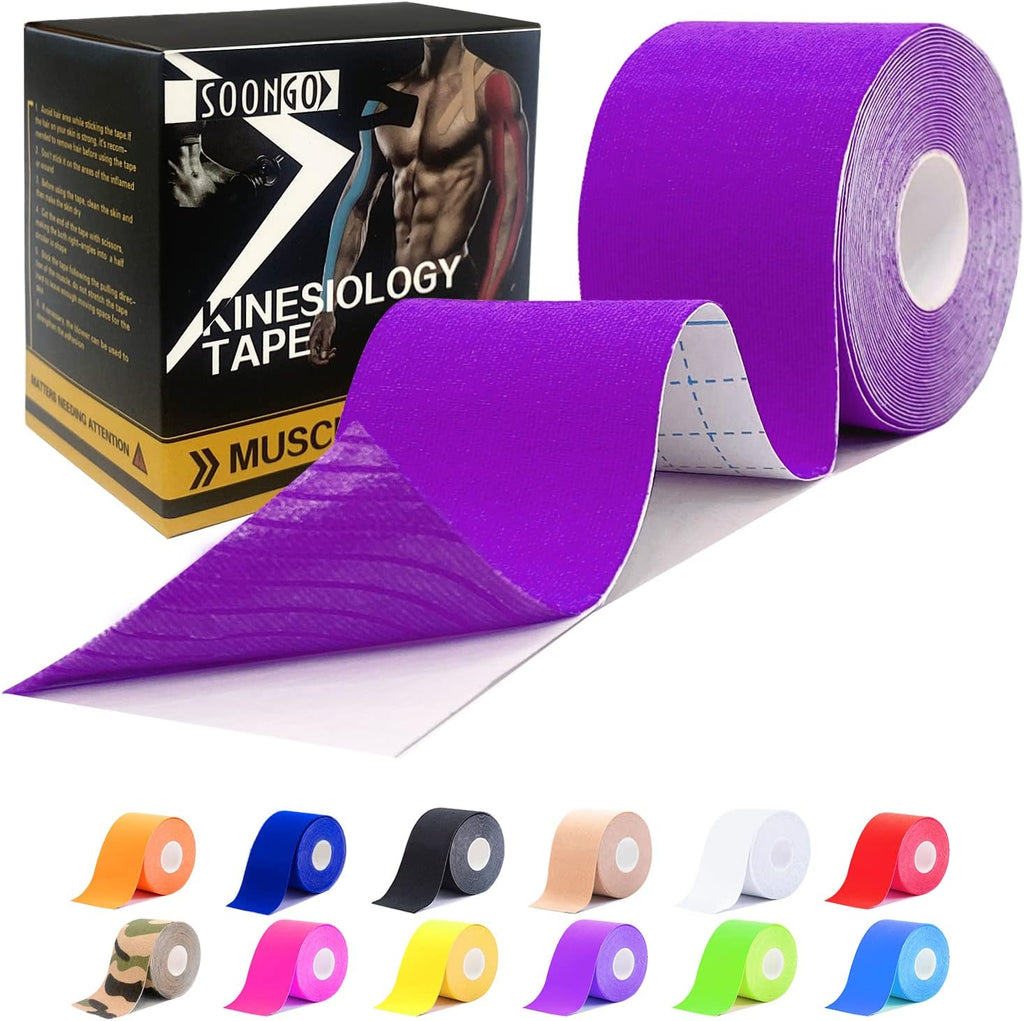 SOON GO Kinesiology Tape Pro 1/2/5 Rolls, 2 Inch High Elasticity Sports Tape Therapeutic Pain Relief–Physio Tape for Muscle Recovery & Joint Support, Waterproof & Hypoallergenic & Breathable–Purple