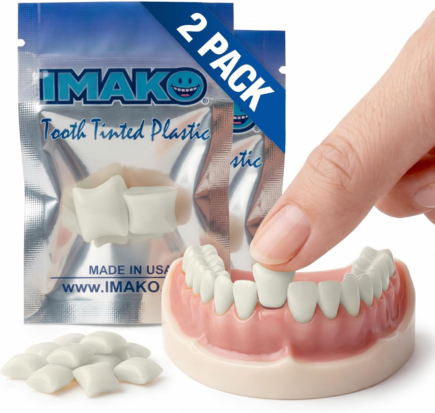 Imako Tooth Tinted Plastic – Moldable Temporary Fake Tooth for Missing Teeth, Chips & Gaps - Natural Color - Made in USA - 2 Pack