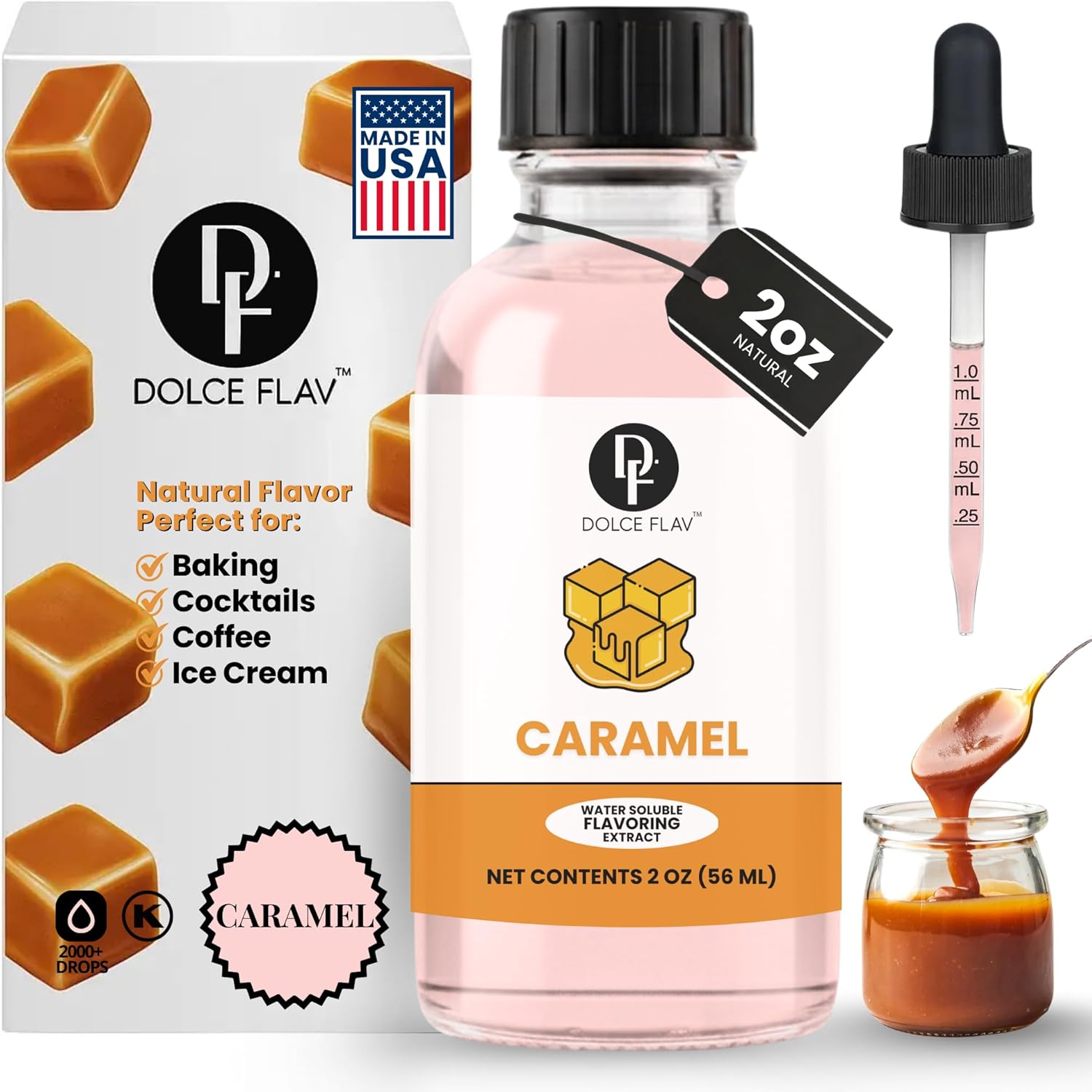 Dolce Flav Natural Caramel Extract - 2 Ounce Water-Soluble Multipurpose Flavoring Ideal for Baked Goods, Beverages, Coffee, Desserts & Ice Cream - Perfect Kitchen Gift for Holidays