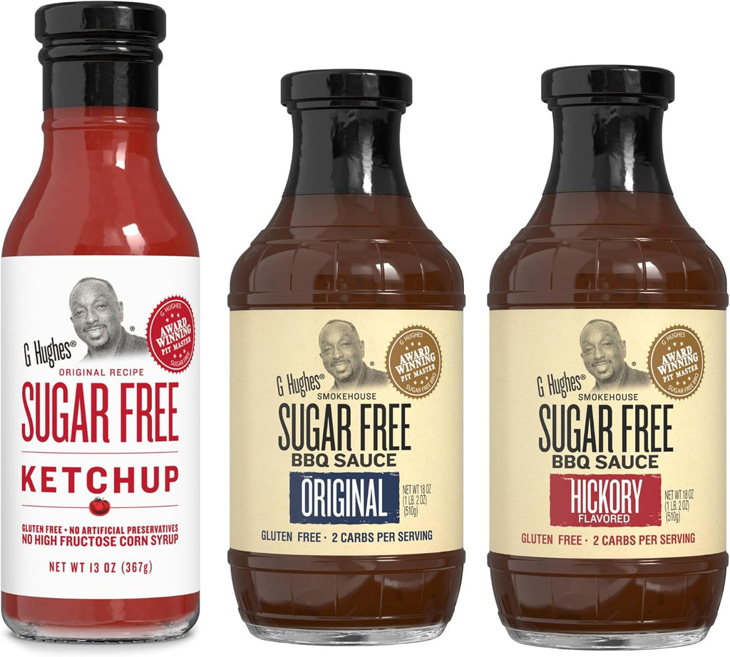 G Hughes Sugar Free, BBQ Sauces & Ketchup Bundle - Original Sugar Free BBQ Sauce - 18 Oz, Hickory BBQ Suace - 18 Oz, Sugar Free Ketchup - 13 Oz - Ketchup, Low Calorie Barbecue Sauce (3 Pack)