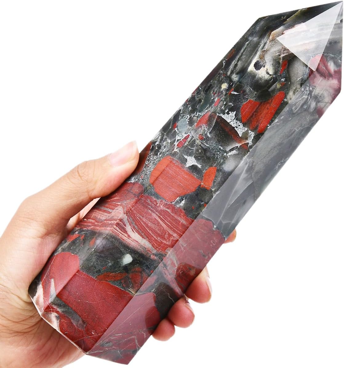 Africa Bloodstone Obelisk Tower Large Natural Healing Crystal Point Wand 6 Faceted Reiki Meditation Home Decor 1.5-2 LBS