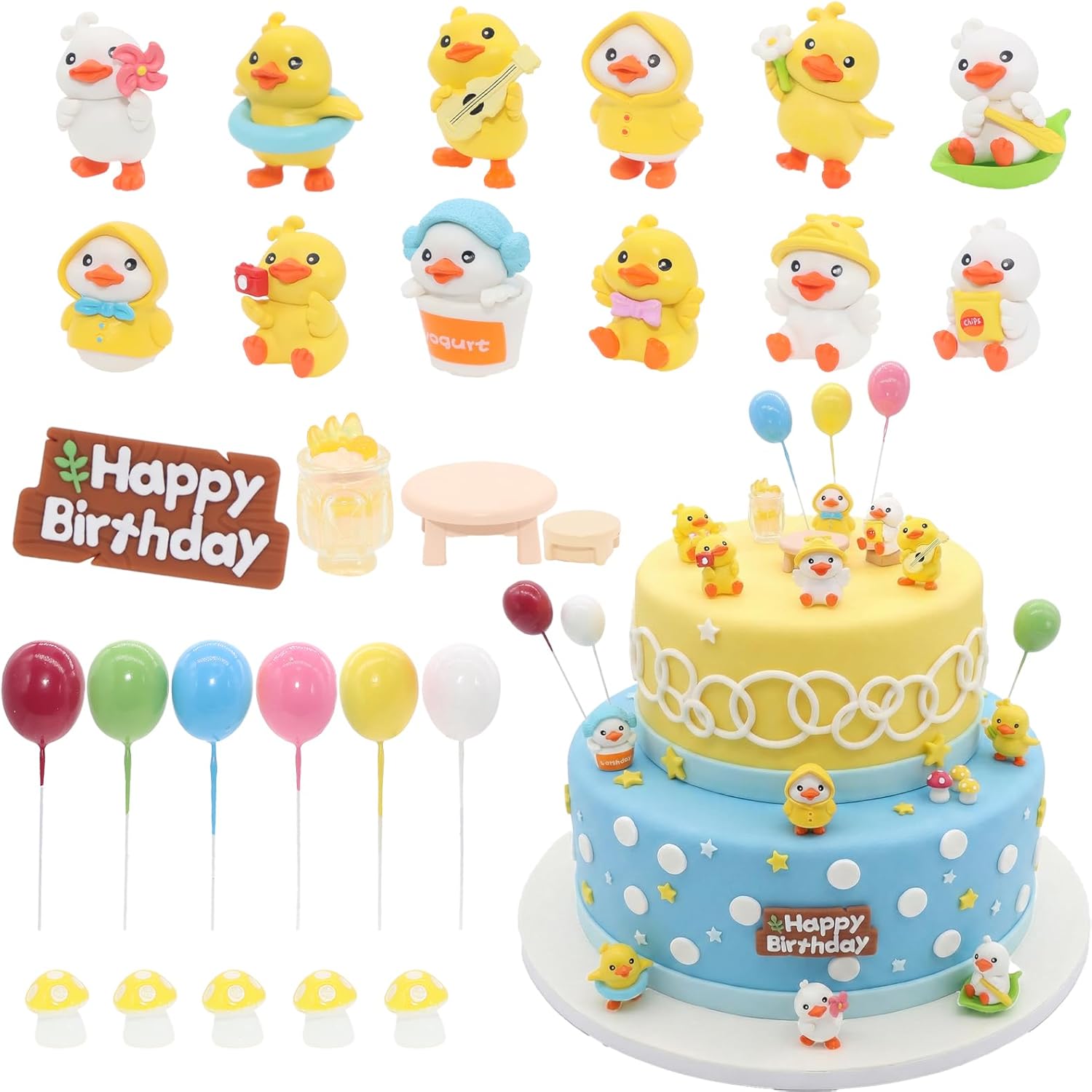 BiBo Duck Cake Topper Decorations Set, Mini Duck Figurine with Cupcake Toppers for One Lucky Duck Birthday Baby Shower Themed Party Favors Supplies