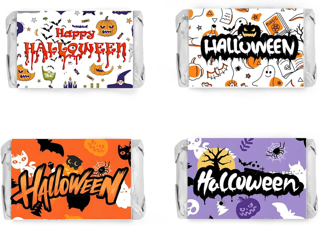 Limarqabel 120 Pcs Happy Halloween Candy Wrappers 1.4x2.6 Inch Candy Bar Wrapper Ghost Halloween Party Favors Mini Chocolate Candy Bar Wrappers Candy Stickers 4 Design (No Candy)