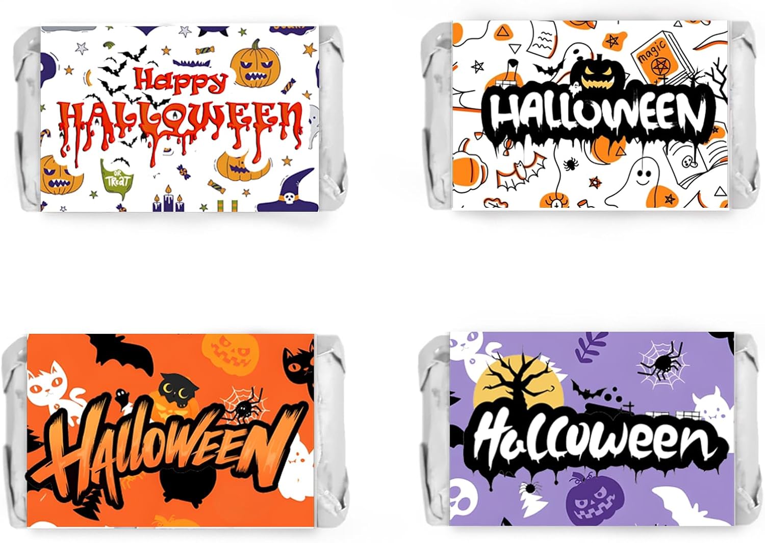 Limarqabel 120 Pcs Happy Halloween Candy Wrappers 1.4x2.6 Inch Candy Bar Wrapper Ghost Halloween Party Favors Mini Chocolate Candy Bar Wrappers Candy Stickers 4 Design (No Candy)