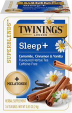 Twinings Superblends Sleep+ Herbal Tea with 1mg Melatonin Camomile, Cinnamon & Vanilla, Naturally Caffeine-Free, 16 Tea Bags (Pack of 1), Enjoy Hot or Iced