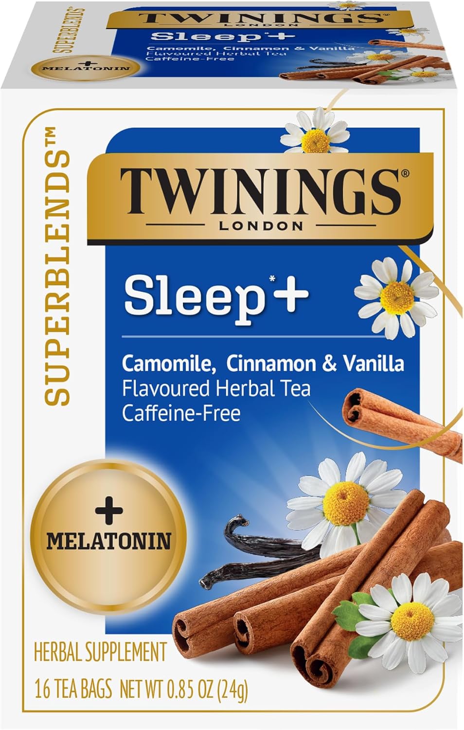 Twinings Superblends Sleep+ Herbal Tea with 1mg Melatonin Camomile, Cinnamon & Vanilla, Naturally Caffeine-Free, 16 Tea Bags (Pack of 1), Enjoy Hot or Iced