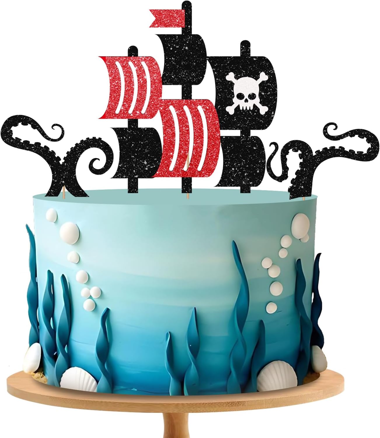 Pirate Cake Topper, Pirate Ship Cake Decor, Black Glitter Octopus Tentacles Skeleton Cake Topper for Baby Shower, Pirate Treasure Themed Birthday Party Decoration