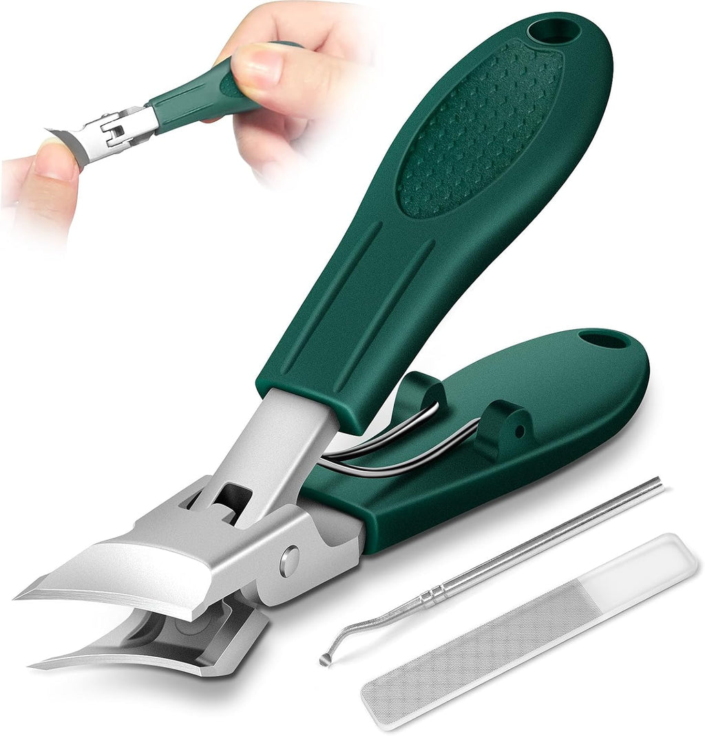 Eagle Beak Beveled Nail Clippers, Upgrade Stainless Steel Wide Jaw Opening Anti-Splash Nail Clipper Set of 3-Piece, Long Handle Angled Head Toenail Clippers for Ingrown & Thick Toenails, for Men Women
