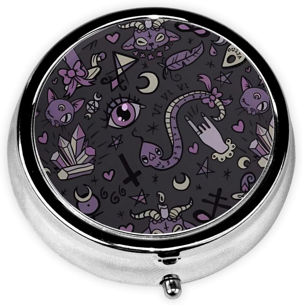 Purple Black Goth Spooky Printed Round Travel Pill Box Cute Small Metal Pocket Pill Case for Men & Women 3 Compartment Portable Pill Organizer for Purse or Pocket