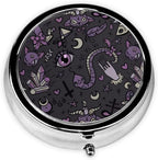Purple Black Goth Spooky Printed Round Travel Pill Box Cute Small Metal Pocket Pill Case for Men & Women 3 Compartment Portable Pill Organizer for Purse or Pocket