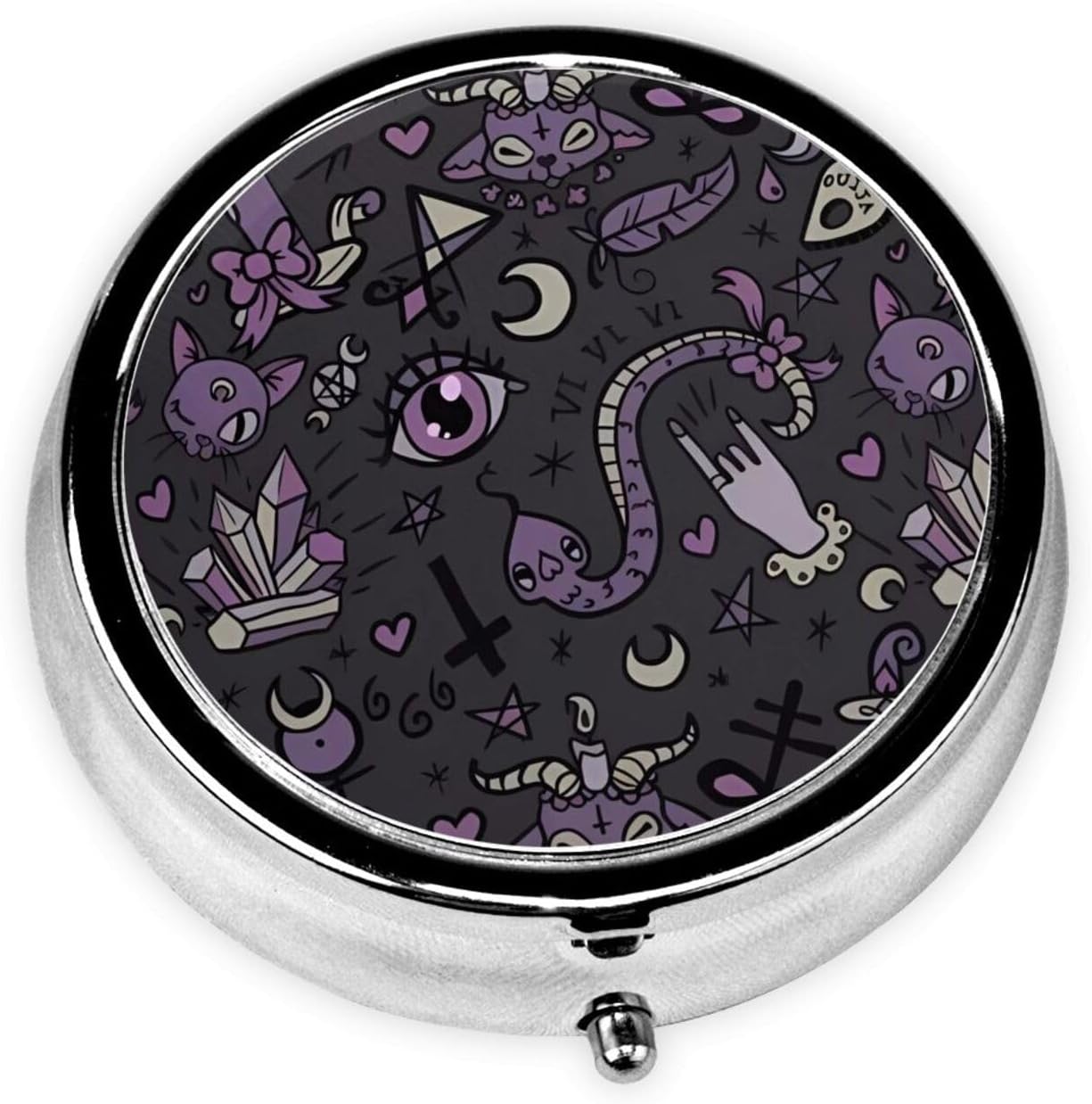 Purple Black Goth Spooky Printed Round Travel Pill Box Cute Small Metal Pocket Pill Case for Men & Women 3 Compartment Portable Pill Organizer for Purse or Pocket