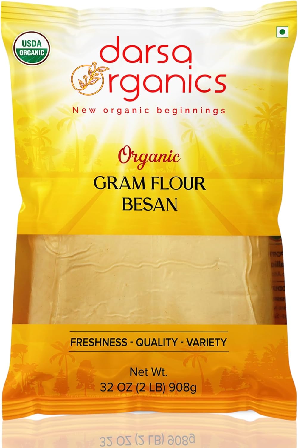 Darsa Organics Gram Flour - 2 lb Besan, Premium Grade USDA Organic Certified Chickpea Flour for Baking, Cooking & Skin Care, Chemical Free, Non-GMO, Vegan, Kosher, Ideal for Gluten Free Diets & Face Masks
