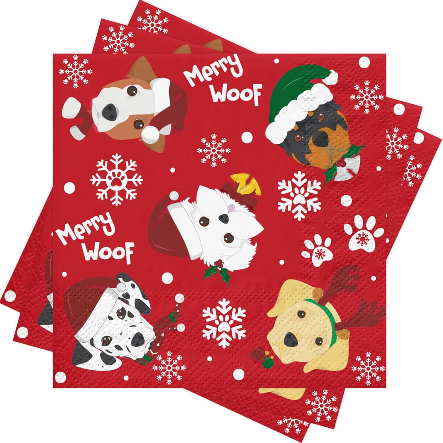 RUSPEPA 25 Pcs Christmas Dog Cocktail Napkins, 3 Ply Cute Puppy Faces and "Merry Woof" Design, Red Disposable Napkin Paper with for Holiday Party Table Decor, 5 x 5 Inch