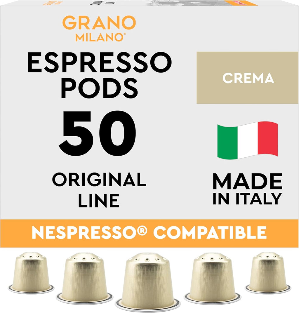 New Grano Milano Crema Coffee Capsules - 50 Aluminum Coffee Pods Compatible with Nespresso Original line, Medium Roast - Intensity 8/12, Made in Italy