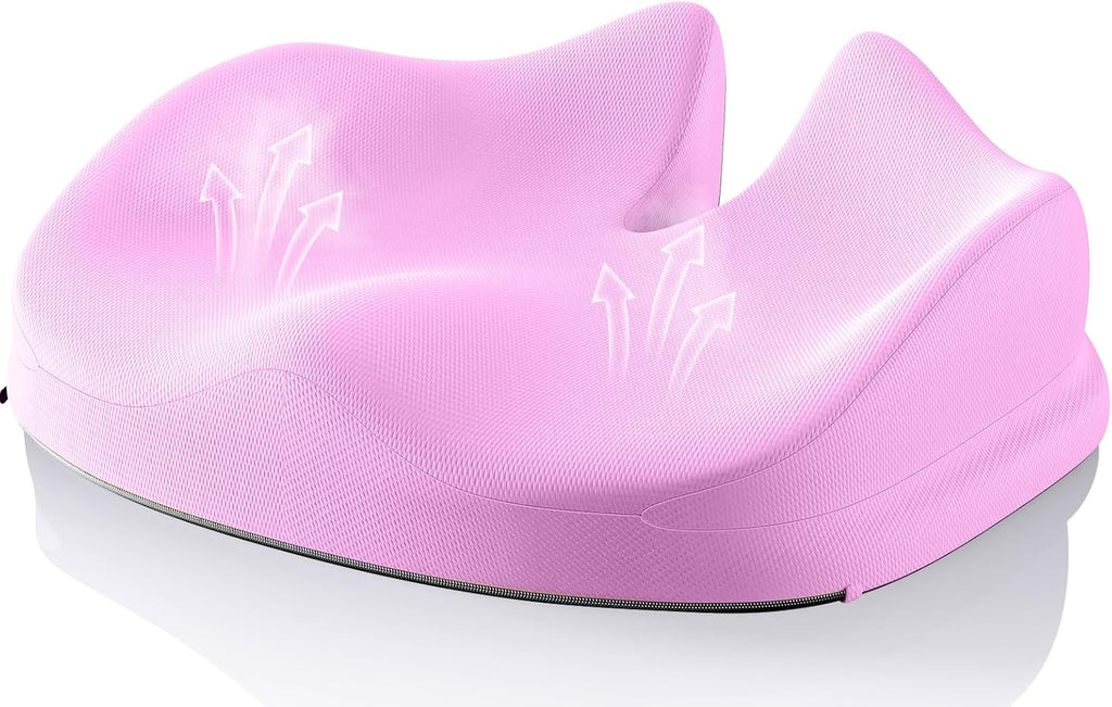 Benazcap Large Seat Cushion for Office Chair Memory Foam Coccyx Pain Relief Cushion Pillow for Back Support Non-Slip Seat Pad for Office Desk, Car Seat, Wheelchair, Sciatica-Pink