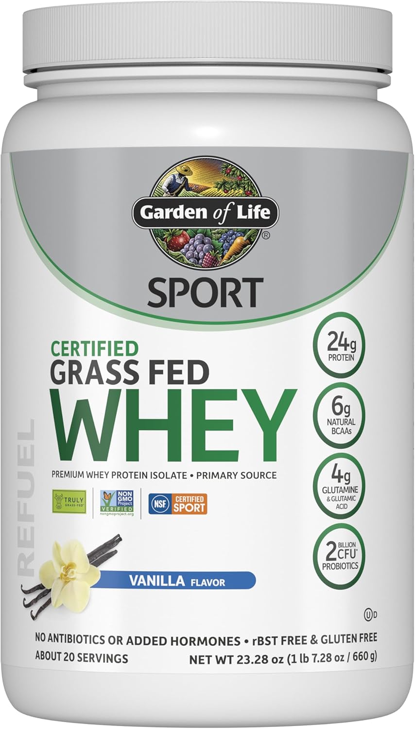 Garden of Life Sport Grass Fed Whey Protein Powder – 24g Whey Protein Isolate for Women & Men with Probiotics & Glutamine, Non-GMO, Gluten-Free, Cold-Processed, Vanilla Flavor, 20 Servings