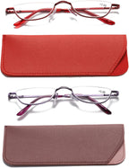Viseng Half Frame Reading Glasses for Women Men Slim Half Moon Lens Readers Metal Semi Rimless eyewear Purple+Red+3.5