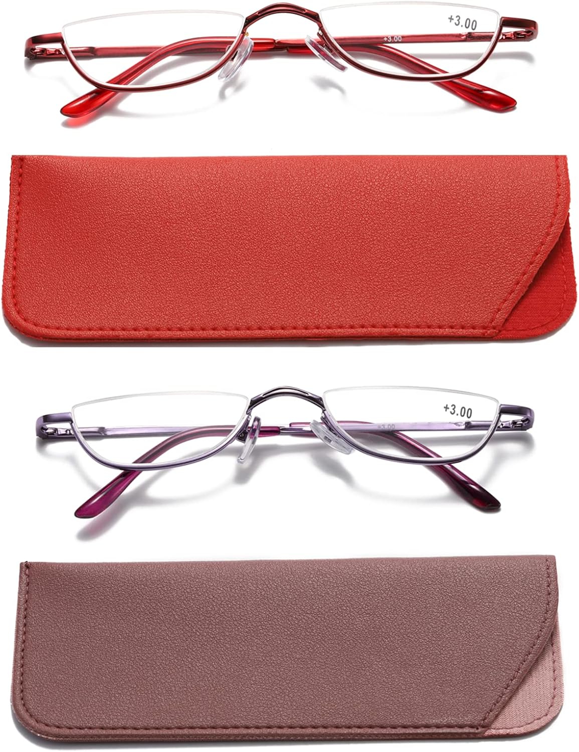 Viseng 2 Pairs Half Frame Reading Glasses for Women Men Slim Half Moon Lens Readers Metal Semi Rimless eyewear +2.5