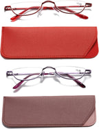 Viseng Half Frame Reading Glasses for Women Men Slim Half Moon Lens Readers Metal Semi Rimless eyewear Purple+Red+3.0