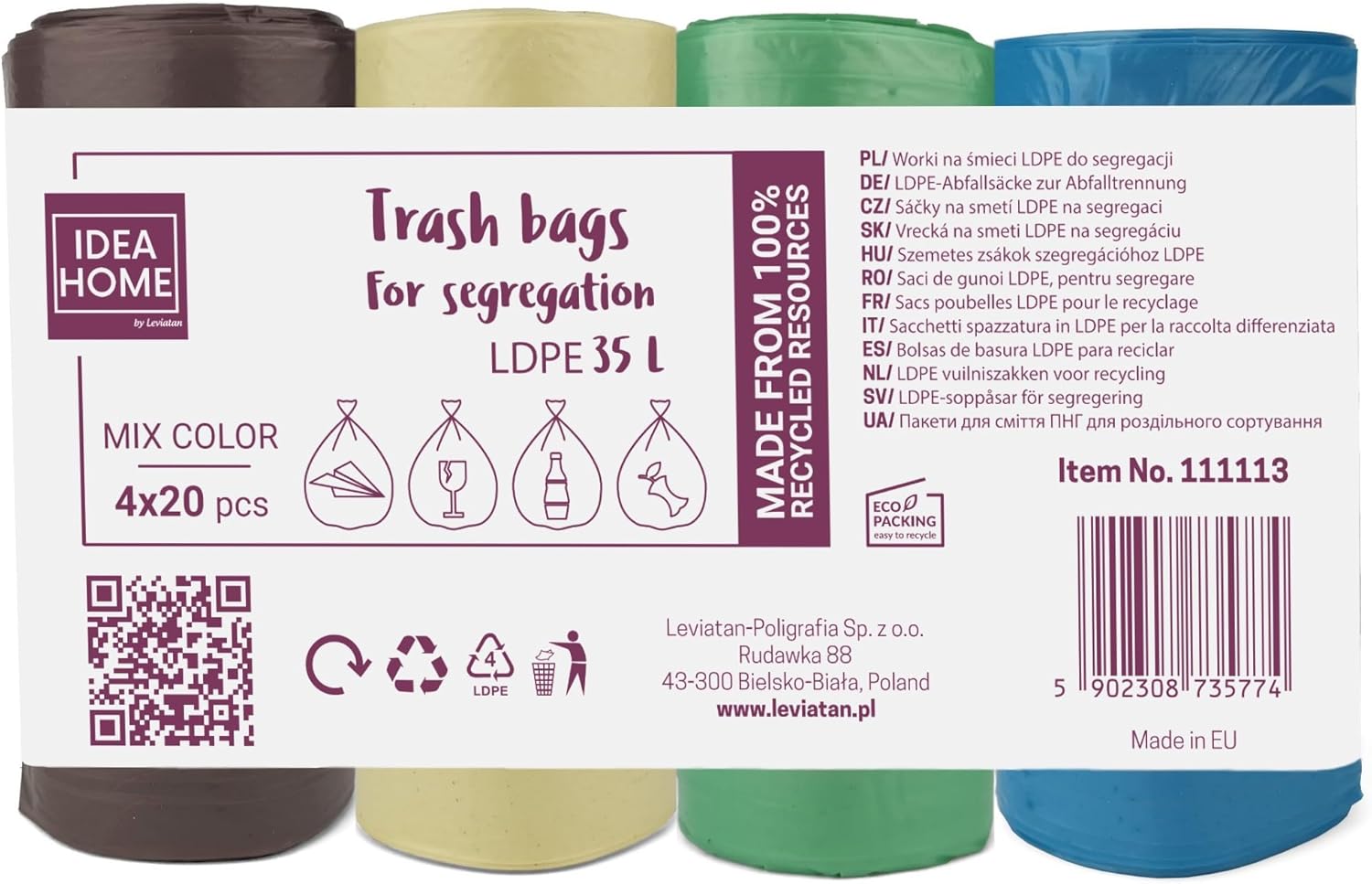 D.RECT Bin Bags 35L - Bin Liners 80 Pieces - Rubbish Bags - Bin Bag Perfect for Everyday Use, Household, Office, Kitchen & Caterers, 4 Colours