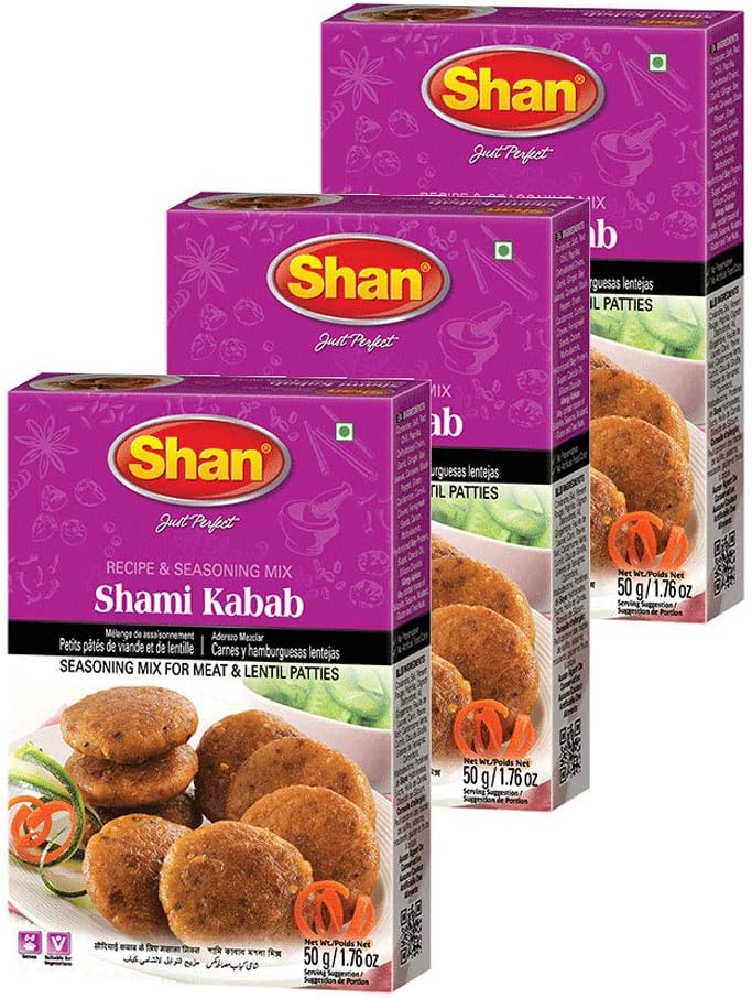 Shan Shami Kabab Recipe and Seasoning Mix 1.76 oz (50g) - Spice Powder for Traditional Meat & Lentil Patties - Suitable for Vegetarians - Airtight Bag in a Box (Pack of 3)