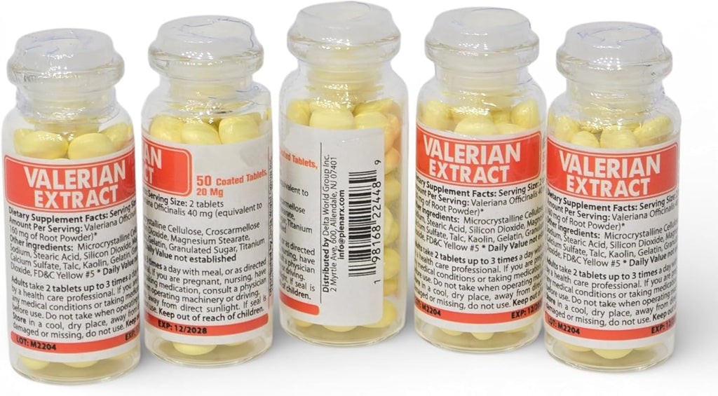 Valerian Root Extract, 5 Glass Bottles, 50 Coated Tablets Each Bottle (20mg), 250 Tablets
