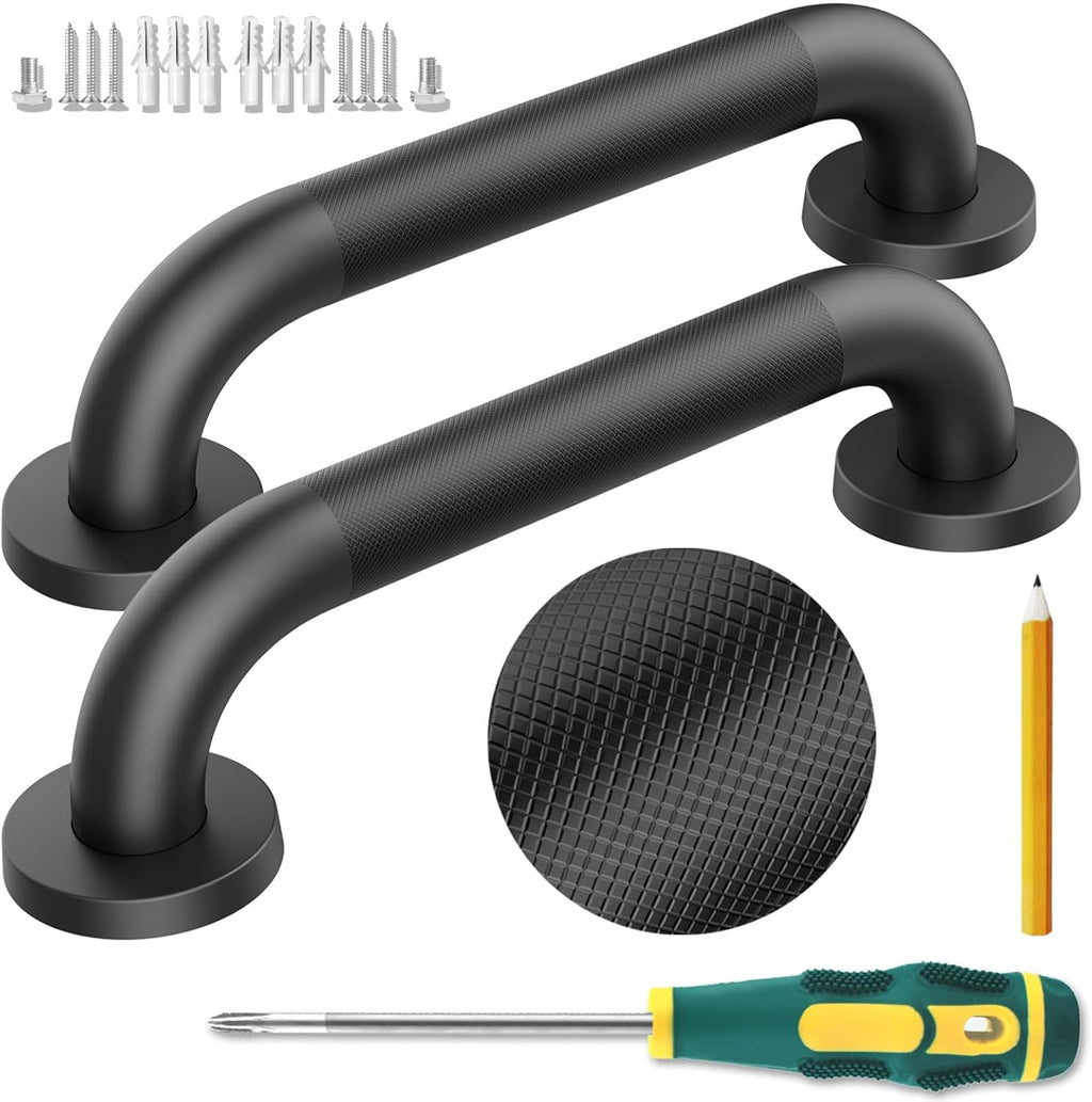 12 Inch Shower Grab Bars, 2 Pack - Anti-Slip Stainless Steel Bathroom Safety Handles for Elderly & Handicap, 304 Steel, Black, Knurled Grip（Black 12in-2-Sets）
