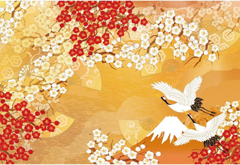 Leyiyi 7x5ft Red-Crowned Cranes Backdrop Fuji Snow Mountain Vintage Folding Fan White and Red Cherry Blossoms Yellow Photography Background Japanese Style Photo Portrait Studio Prop