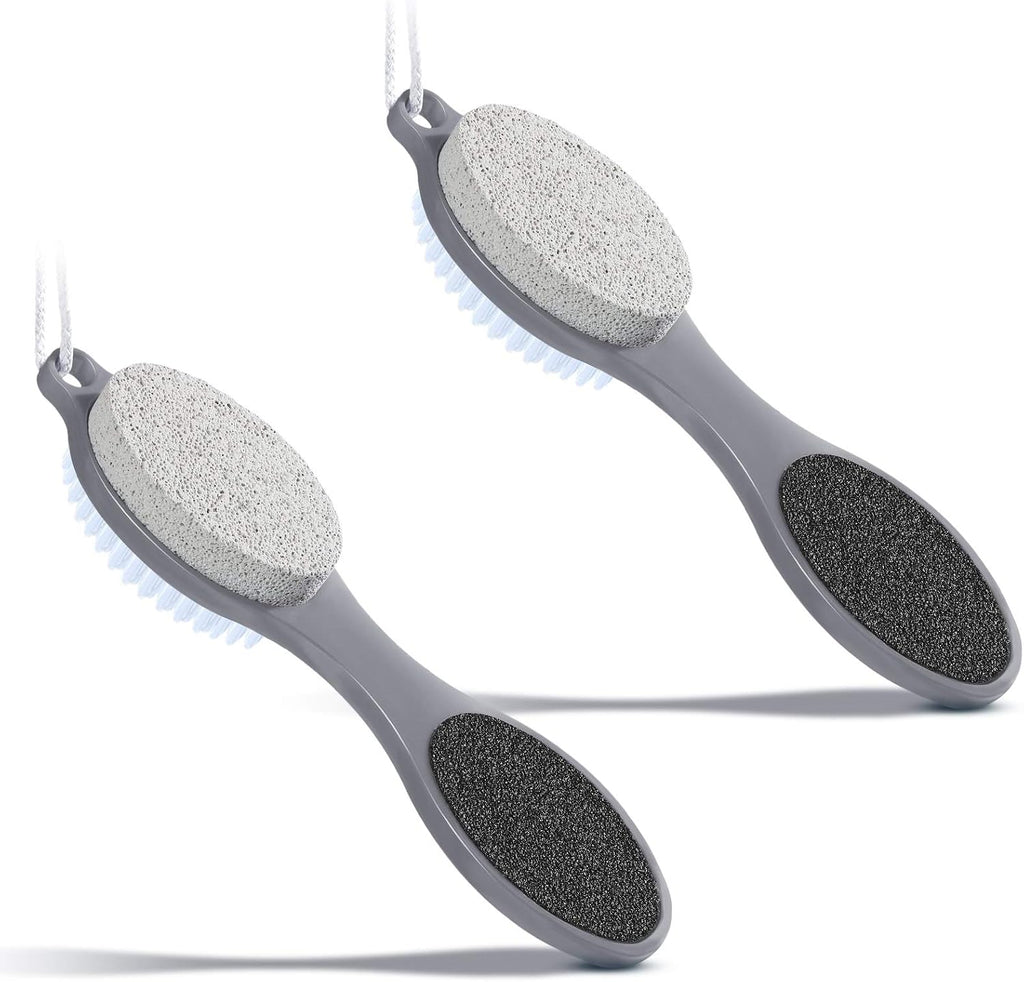 2 Pieces 4 in 1 Pedicure Tool Foot Scrubber Brush Foot File Callus Remover with Foot Rasp, Pumice Stone, Nail Cleaning Brush and Sand Paper for Dry and Wet Foot Care Dead Skin Remover (Gray)