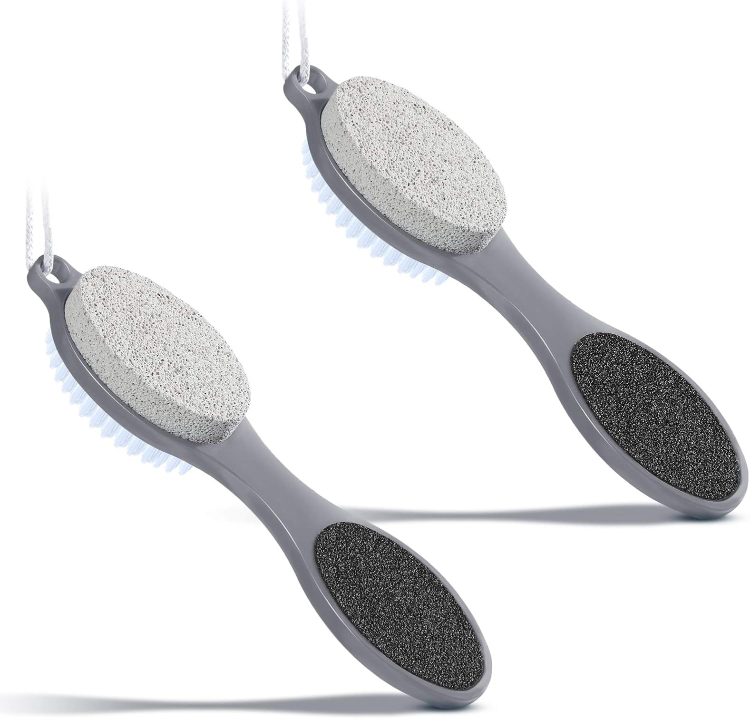 2 Pieces 4 in 1 Pedicure Tool Foot Scrubber Brush Foot File Callus Remover with Foot Rasp, Pumice Stone, Nail Cleaning Brush and Sand Paper for Dry and Wet Foot Care Dead Skin Remover (Gray)