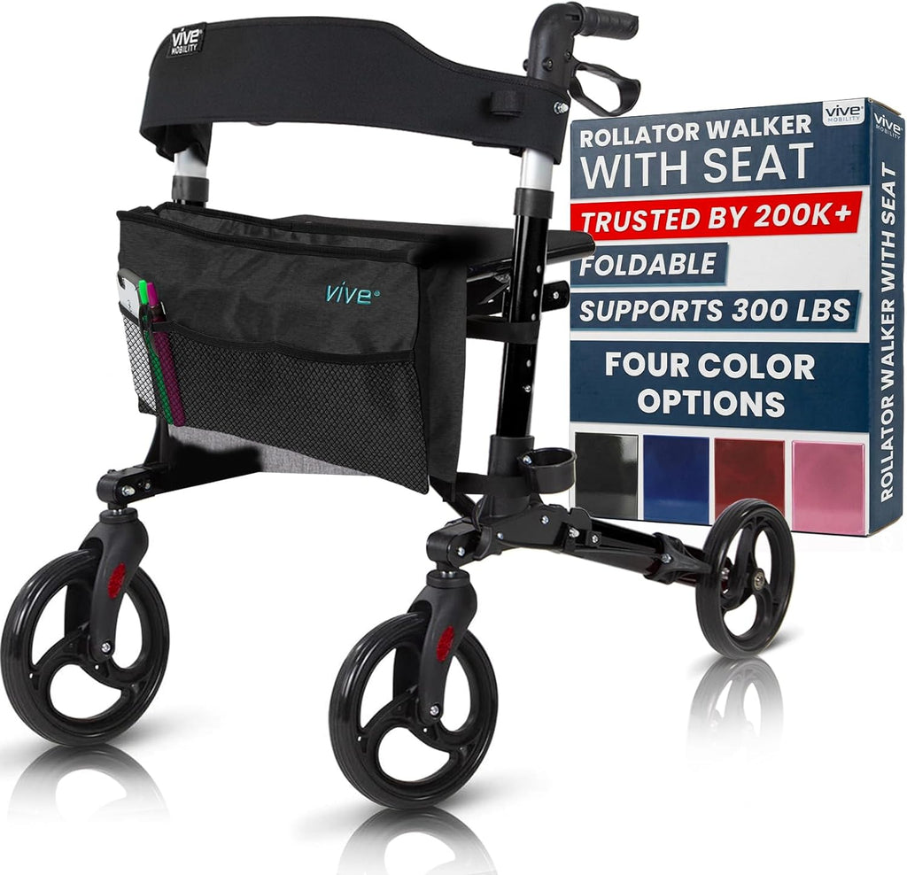 Vive Mobility Rollator Walker with Seat - Folding 4 Wheel Medical Rolling Walker with Bag - Mobility Aid for Adult, Senior, Elderly & Handicap - Aluminum Transport Chair