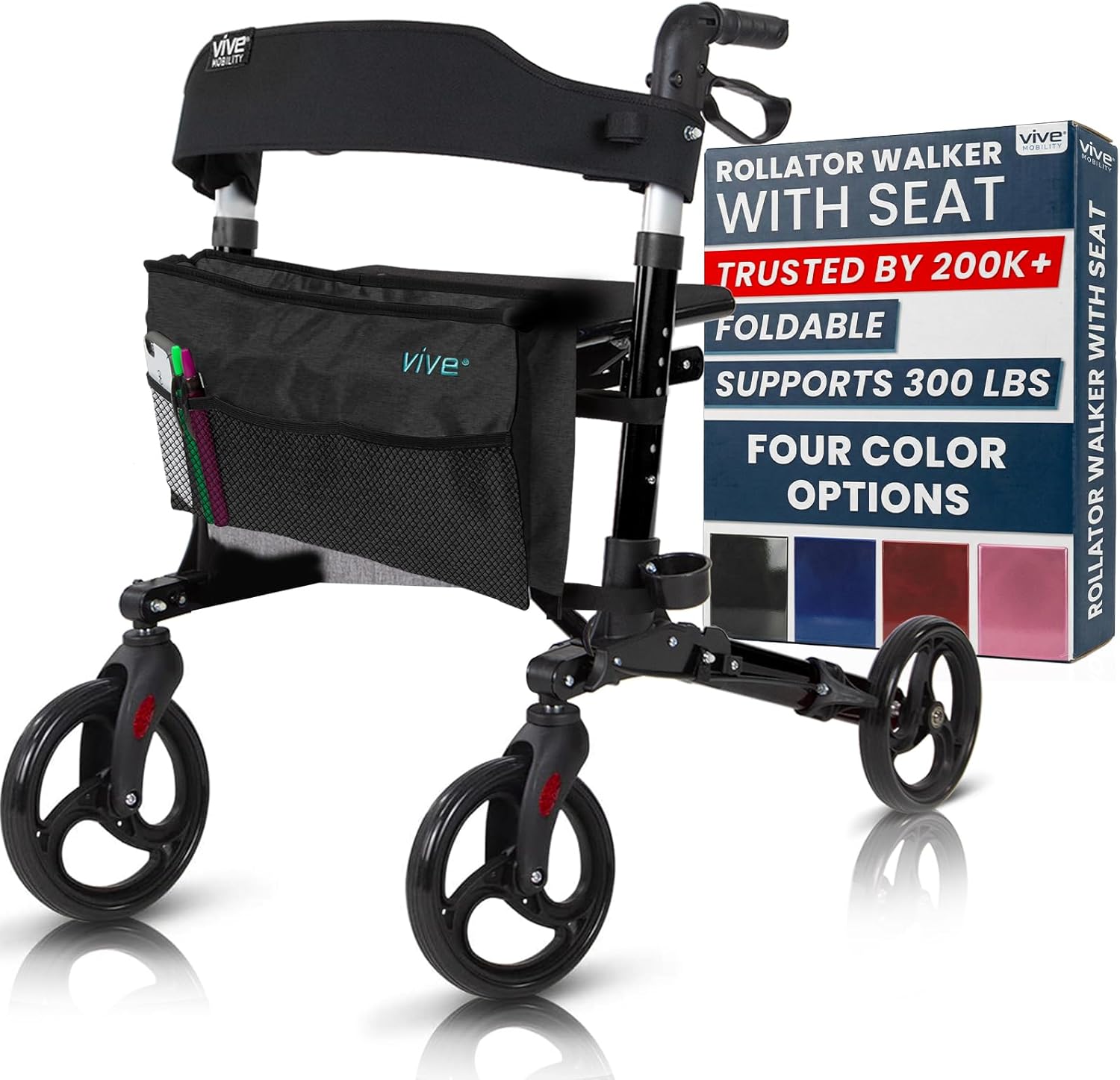Vive Mobility Rollator Walker with Seat - Folding 4 Wheel Medical Rolling Walker with Bag - Mobility Aid for Adult, Senior, Elderly & Handicap - Aluminum Transport Chair