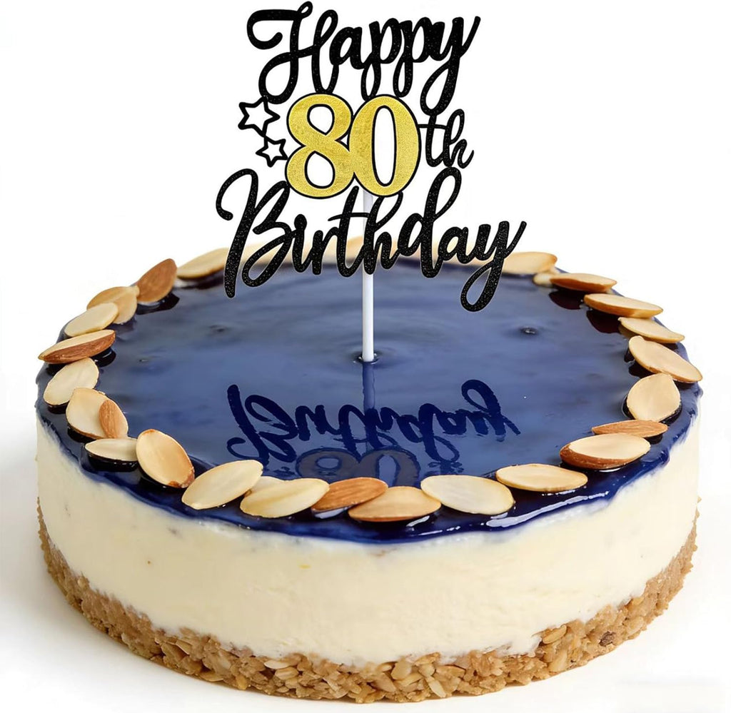 1 PCS Happy 80th Birthday Cake Topper, Black Gold Glitter Cheers to 80 Years Cake Topper, Cake Pick 80th Birthday Cake Decoration for Happy 80th Birthday Anniversary Party Decorations Supplies