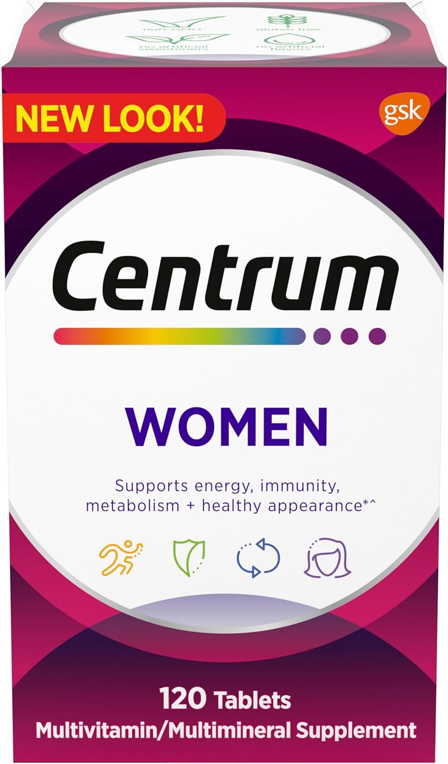 Centrum Multivitamin for Women, Multivitamin/Multimineral Supplement with Iron, Vitamin D3, B Vitamins and Antioxidant Vitamins C and E, Gluten Free, Non-GMO Ingredients - 120 Count