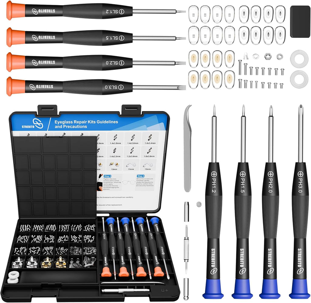 STREBITO Glasses Repair Kit, All-in-One Eyeglass Repair Kit with 16 Sizes of Screws, 12 Pairs of Nose Pads & Tweezer, Precision Screwdriver Set for Glasses, Sunglasses, Watches & Small Electronics