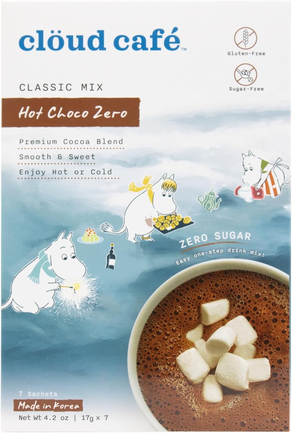 Clöud Café Moomin Zero Sugar Hot Chocolate Powder Packets - Premium Hot Cocoa Blend - Smooth & Sweet - Easy One Step Cocoa for On-The-Go (7 Sachets)